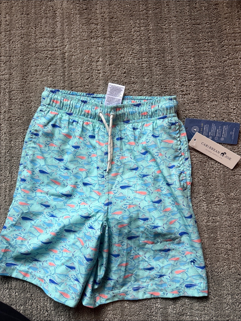 Caribbean Joe Aqua Swim Shorts with Coral & Navy Fish Print